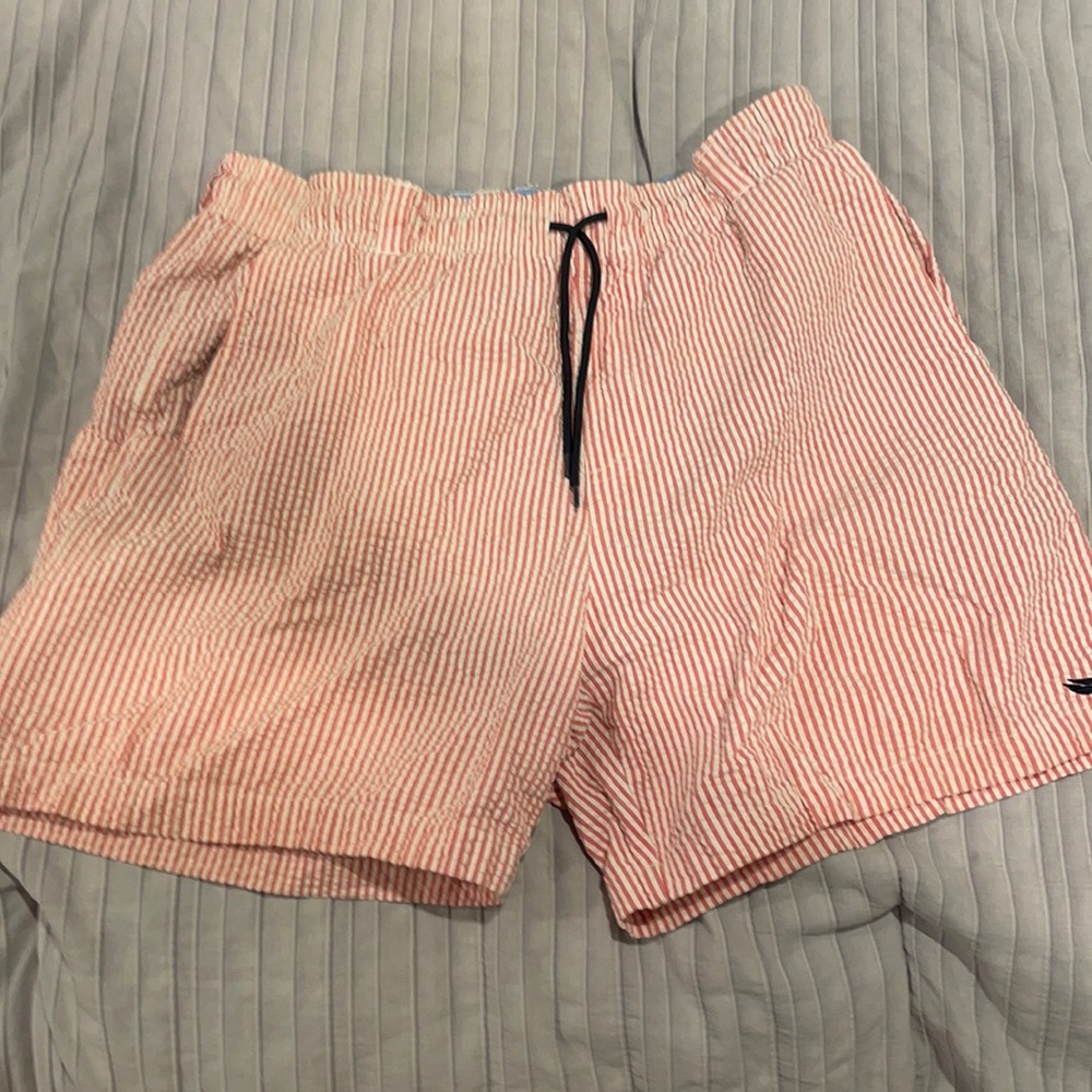 Southern marsh red seersucker bathing suit.